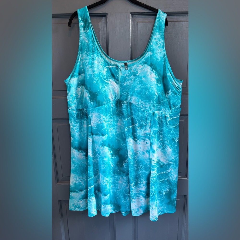 Torrid Teal Ocean Wave Wireless Long Zip-Front Swim Dress With Shorts Size 6